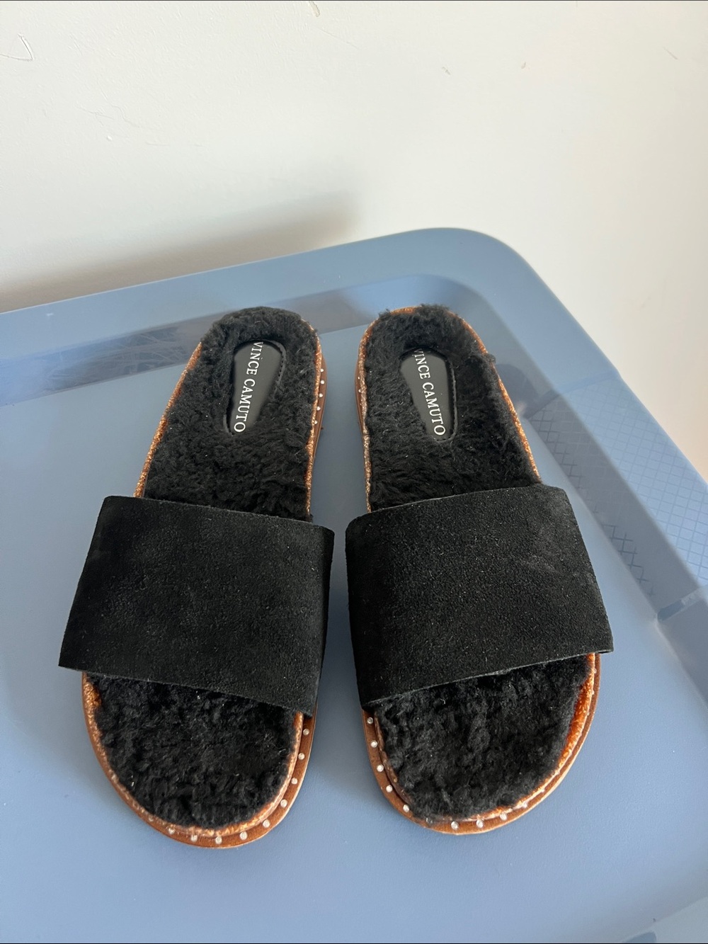 Vince Camuto kanadial slip on back suede leather open toe slides sandals studded - Picture 3 of 8